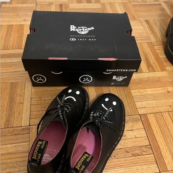 Dr. Martens and Lazy Oaf Black Shoes with happy and sad faces - Picture 1 of 5